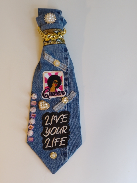 Accessories - Embellished Denim Tie with 'Live Your Life' Patch